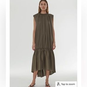 Khaki green TOTEME dress with asymmetrical hem and gathered neckline